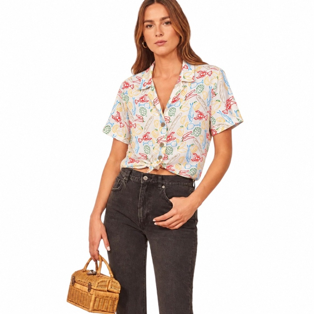 NWT Cynthia Rowley Lobster Embroidered Button Down Shirt L Coastal Grandmother